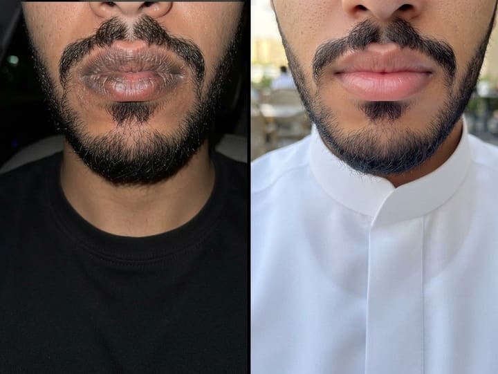قبل وبعد كريم تفتيح الشفاه — اسمرار واضح حول الشفاه يتحول للون وردي طبيعي