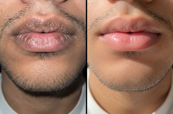 قبل وبعد استخدام كريم تفتيح الشفاه — شفايف غامقة ومتشققة تتحول لوردية ورطبة