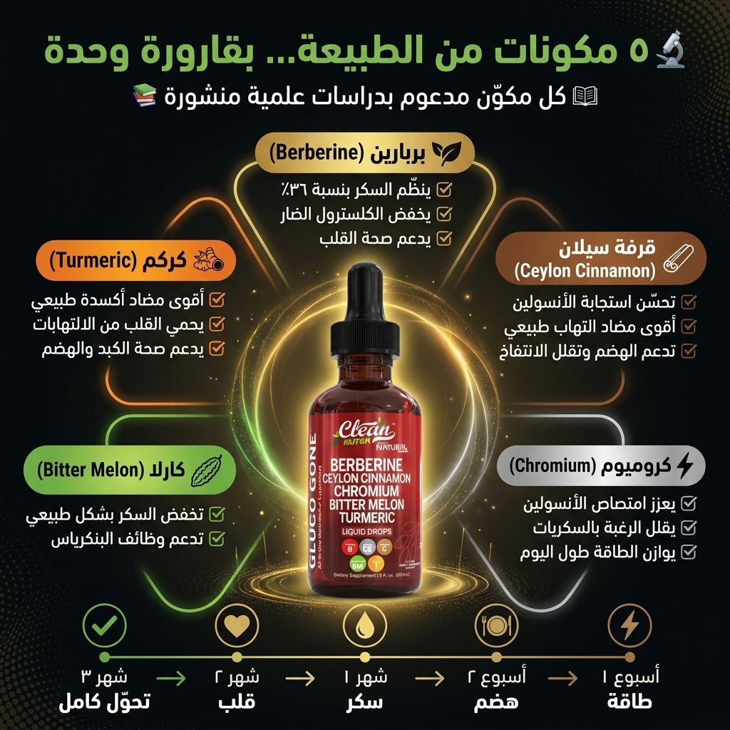 مكوّنات جلوكو الخمسة — بربارين · قرفة سيلان · كروميوم · كارلا · كركم