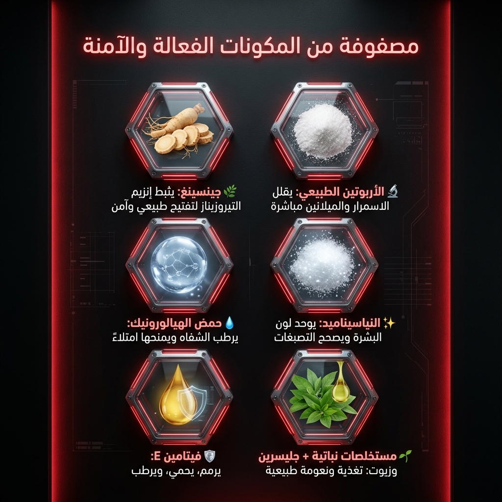 مكونات كريم تفتيح الشفاه — الأربوتين الطبيعي، جينشان، النياسيناميد، حمض الهيالورونيك، فيتامين E، وخلاصات نباتية