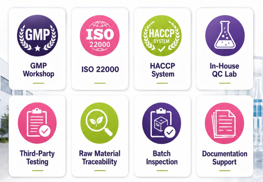 شهادات المصنع: GMP، ISO 22000، HACCP، مختبر جودة داخلي، فحص طرف ثالث، تتبّع المواد الخام، فحص الدفعات، توثيق كامل